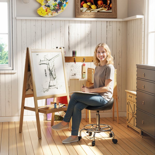 Heller Raum mit Staffelei, junger Frau und Kunstbedarf