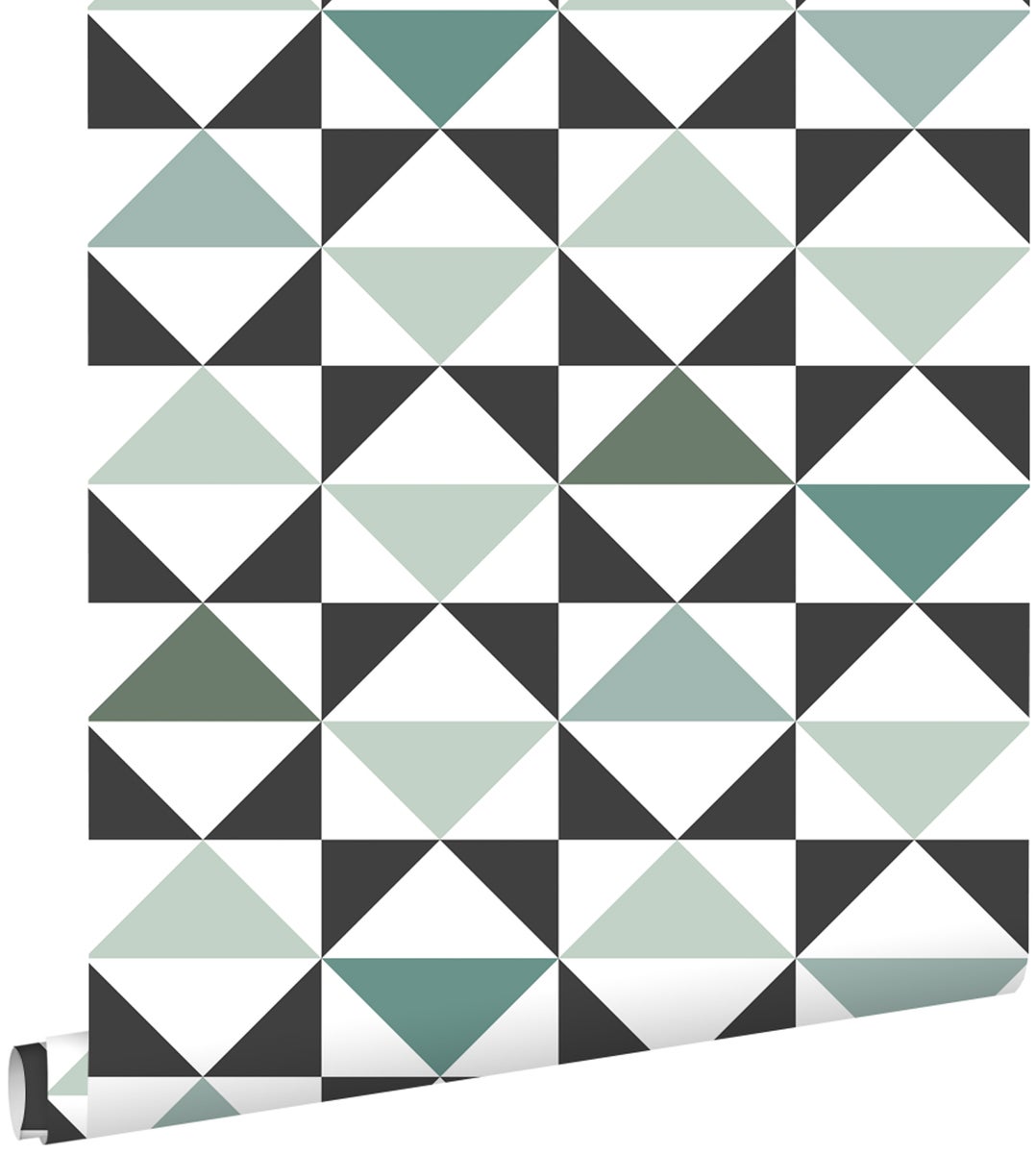 ESTAhome Tapete grafische Dreiecke Weiß, Schwarz, Mintgrün und Seegrün - 0,53 x 10,05 m - 139096
