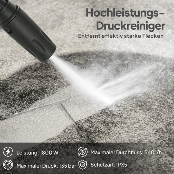 Hochleistungs-Druckreiniger reinigt Steinplatten. 1800 Watt Leistung, Durchfluss 540 Liter pro Stunde, Druck 135 bar, Schutzart IPX5.