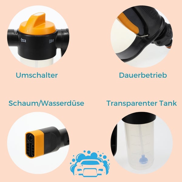 Details einer Schaumdüse für die Autowäsche mit Umschalter, Dauerbetrieb, Schaum-/Wasserdüse und transparentem Tank
