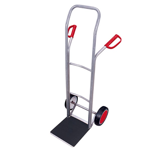 Sackkarre aus Aluminium mit zwei Rädern, roten Sicherheitsgriffen und schwarzer Ladefläche.