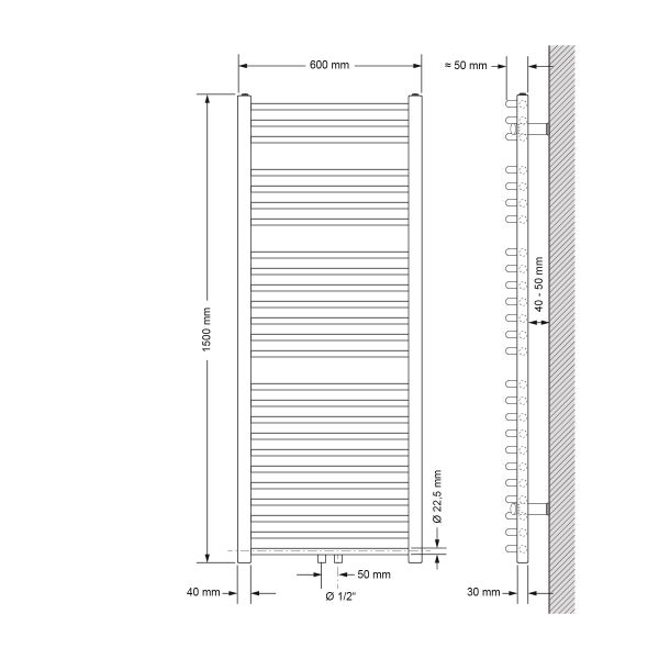 ECD Germany Badheizkörper Mittelanschluss 600 x 1500 mm Weiß gebogen mit Thermostat und Anschlussgarnitur Eck Wand Weiß - Heizkörper Heizung Handtuchwärmer Handtuchtrockner Handtuchheizkörper