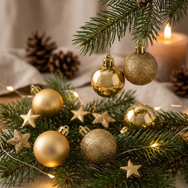 Weihnachtsdekoration mit goldenen Christbaumkugeln, Sternen, Tannenzweigen, Tannenzapfen und einer Lichterkette für eine festliche Stimmung.