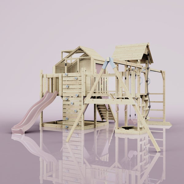 Spielturm aus Holz mit Rutsche, Schaukel und Kletterwand für den Garten