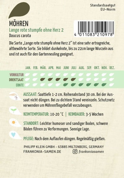 Möhren Lange rote stumpfe ohne Herz 2 Saatgutpackung