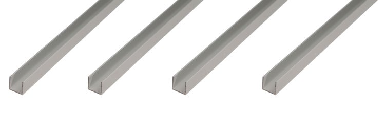 Vier U-Profile aus Aluminium für den Innenausbau und Heimwerkerbedarf.