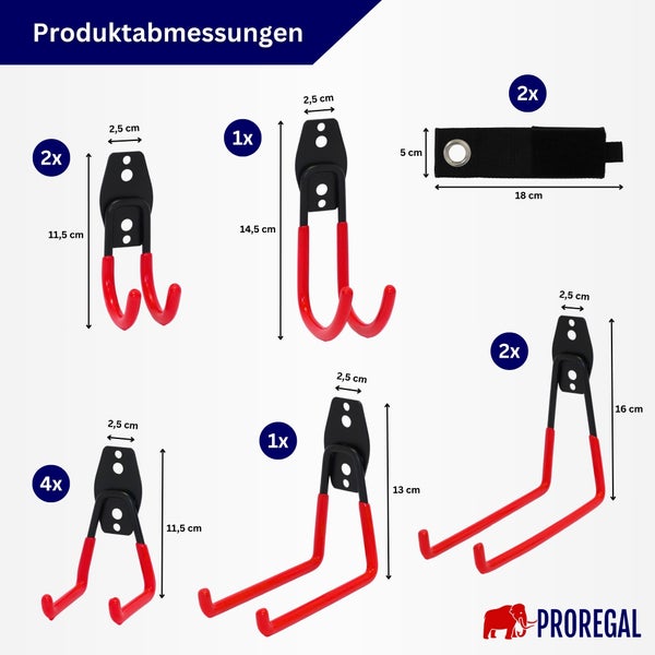 Übersicht der Produktabmessungen für ein Set aus verschiedenen Wandhaken und einem Klettband von Proregal mit Angaben in Zentimetern.
