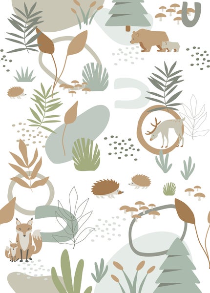 Illustration mit Waldtieren, Pflanzen und Pilzen.