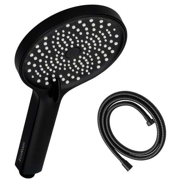 EcoRain 50% Wassersparender Duschkopf Charly 13 CM mit Duschschlauch und Wasserfilter - 3 Strahlarten - Universeller Anschluss - Anti-Kalk Duschkopf - Schwarz