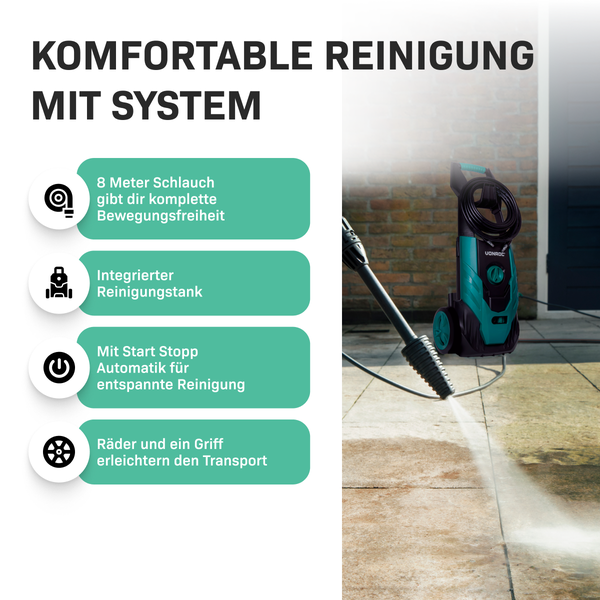 VONROC Hochdruckreiniger 140bar - Fassadenreiniger für mittlere Reinigungsarbeiten [1800W] - Durchfluss [420 l/h], Reinigungstank, Aluminium Pumpe - inkl. Zubehör Kit