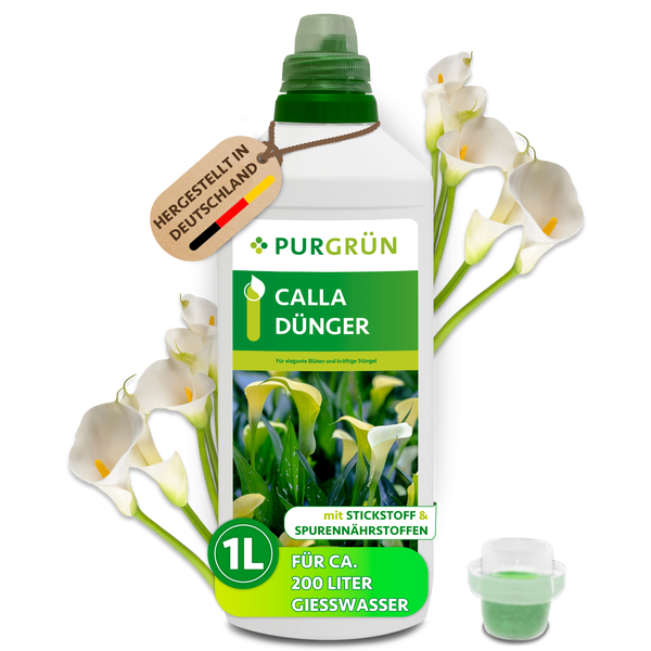 Purgrün Calla Dünger in einer 1 Liter Flasche mit Stickstoff und Spurennährstoffen für circa 200 Liter Gießwasser, hergestellt in Deutschland.