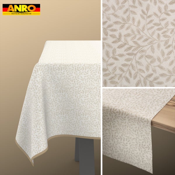 Tischdecke und Tischläufer mit filigranem Blättermuster, Textilstruktur und ANRO Logo.