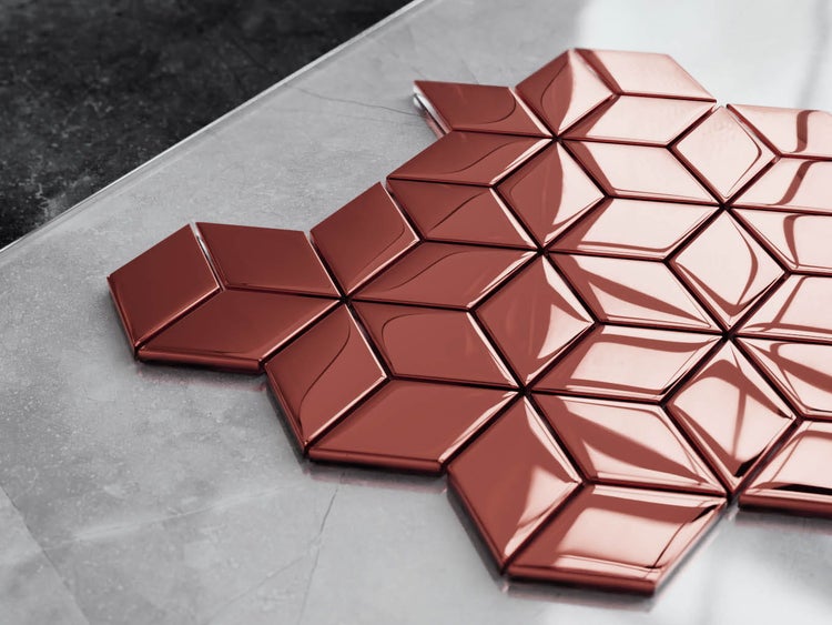Glasmosaik auf Netz für Bad und Küche 26.5cm x 30.5cm - Copper Geometric Cubes