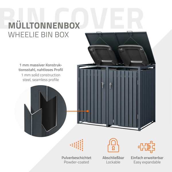 Mülltonnenbox aus Metall mit abschließbaren Griffen und guter Luftzirkulation