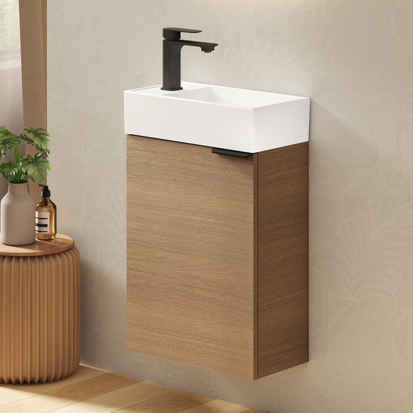 EMKE Badmöbel-Set 417×240×646 mm, Waschbecken mit Unterschrank mit Soft-Close, Türgriff, 2-fach verstellbarem Einlegeboden, Wandmontage, beidseitig montierbar,  Sonoma Eiche