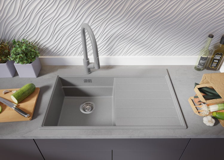 PRIMAGRAN Spülbecken Grau 78x50cm, Granitspüle 1 Becken + Ablauf-Set + Küchenzubehörset, Küchenspüle ab 45er Unterschrank - Sydney