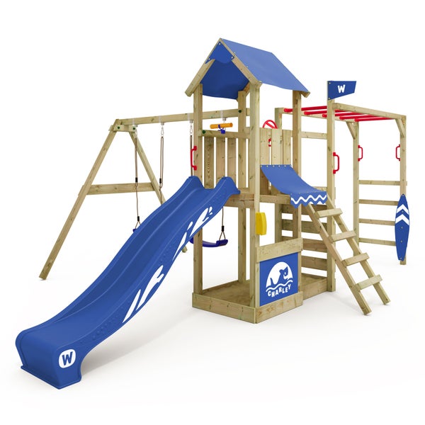 WICKEY Spielturm Klettergerüst Smart Baboon mit Schaukel und Rutsche, Kletterturm mit Sandkasten, Hangelleiter und Spiel-Zubehör - blau