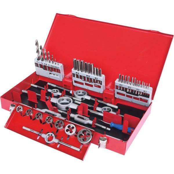 Gewindebohrer und Schneideisen Satz in roter Metallbox mit Bohrern und Werkzeugen