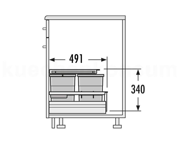 Technische Zeichnung Abfalltrennsystem im Küchenschrank, Breite 491 Millimeter, Höhe 340 Millimeter.