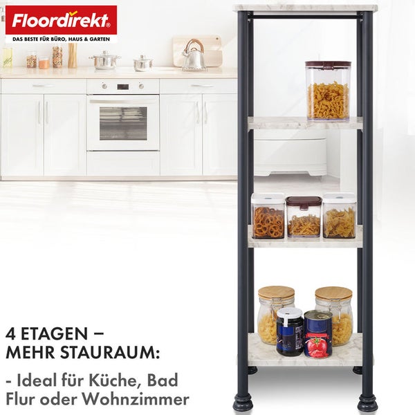 Regal mit vier Etagen und verschiedenen Lebensmitteln im Küchenbereich.