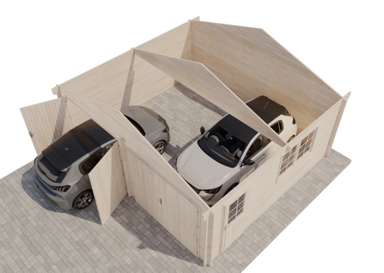 Doppelgarage aus Holz mit zwei Autos