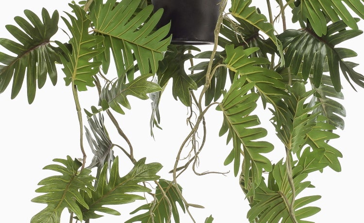 Künstliche Pflanze im schwarzen Kunststofftopf, Detailansicht der Halme und des Topfes.