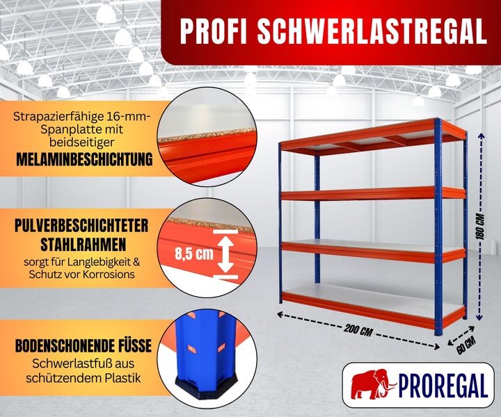 Profi Schwerlastregal von Proregal, 180 mal 200 mal 60 Zentimeter, vier Böden aus 16 Millimeter Melamin-Spanplatte, pulverbeschichteter Stahlrahmen.