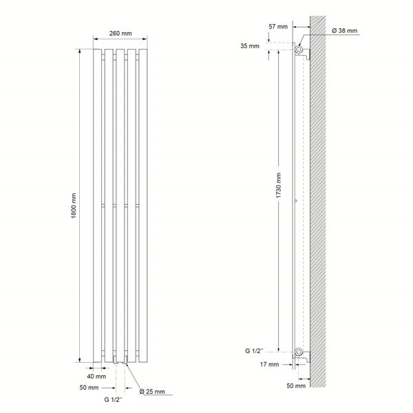 ECD Germany Paneelheizkörper Vertikal 260 x 1800 mm Anthrazit mit Mittelanschluss, Design Flach Heizkörper Einlagig Badheizkörper Flachheizkörper Designheizkörper Einreihig Heizung Badezimmer/Wohnraum