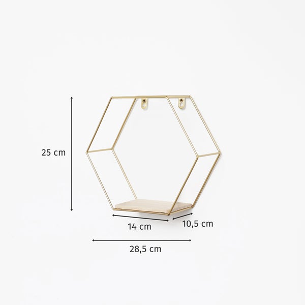 Sechseckiges Wandregal aus Metall - 25x28,5 cm - Gold