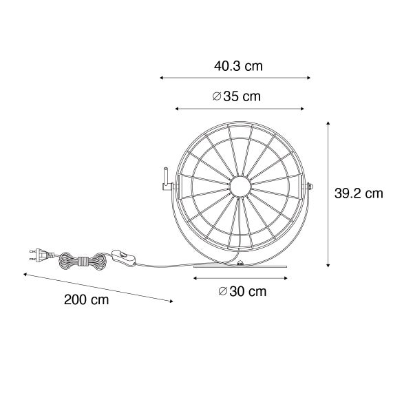 Dimensionszeichnung eines Ventilators mit den Maßen 40,3 cm Breite, 39,2 cm Höhe und 35 cm Durchmesser des Ventilatorrads.