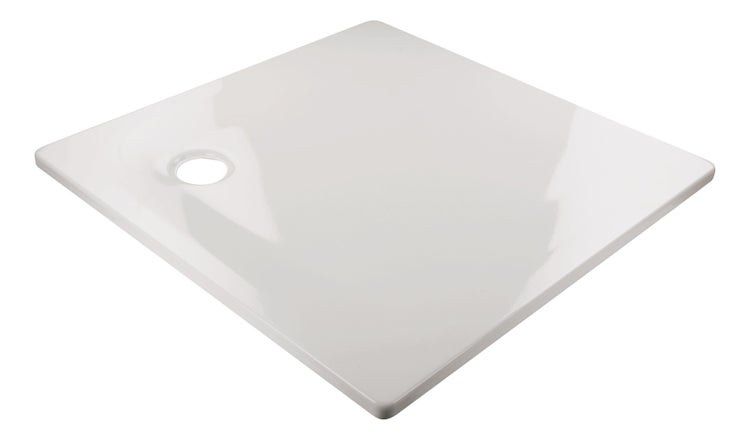 Quadratische weiße Duschwanne mit glatter Oberfläche und einer Ablauföffnung in der Ecke.