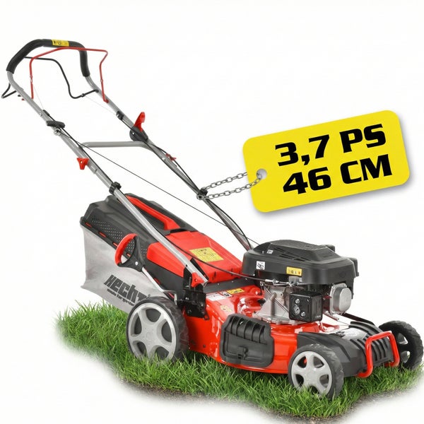 Roter Rasenmäher mit 3,7 PS und 46 Zentimeter Schnittbreite