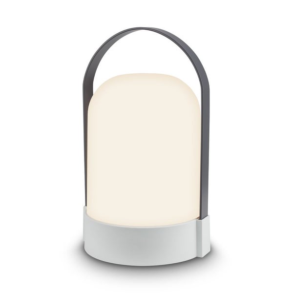 Tragbare LED-Tischleuchte für den Außenbereich mit grauem Tragebügel und weißem Kunststoffschirm.