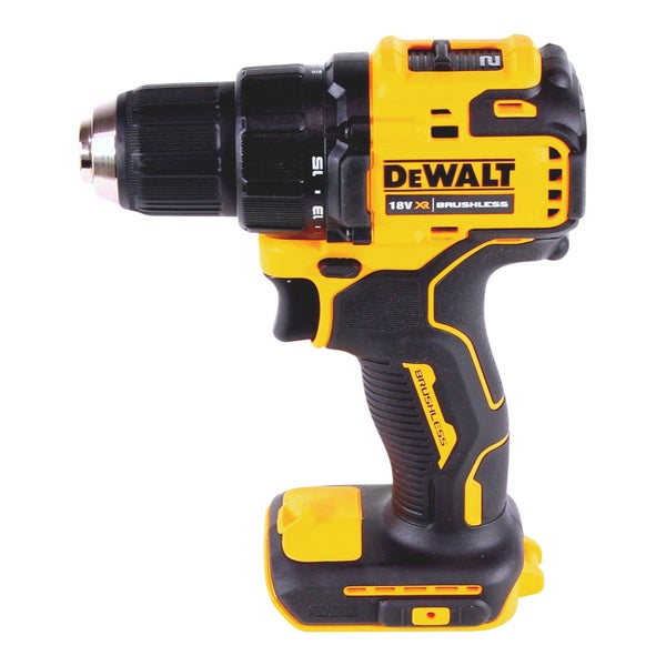DeWalt Akku-Bohrschrauber 18 Volt mit bürstenlosem Motor und Schnellspannbohrfutter in Gelb und Schwarz.