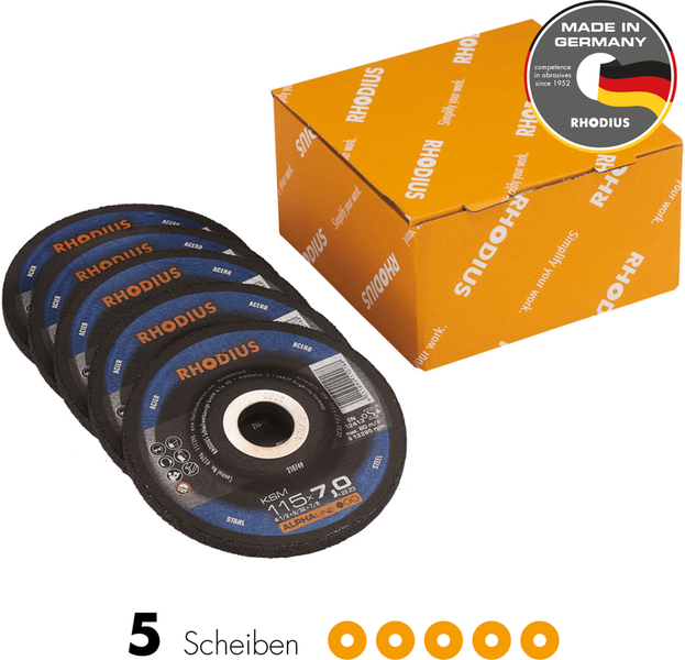 RHODIUS Schruppscheibe KSM, 5 Stück, 115 x 7,0 x 22,23 mm für Stahl, Metall, ALPHAline