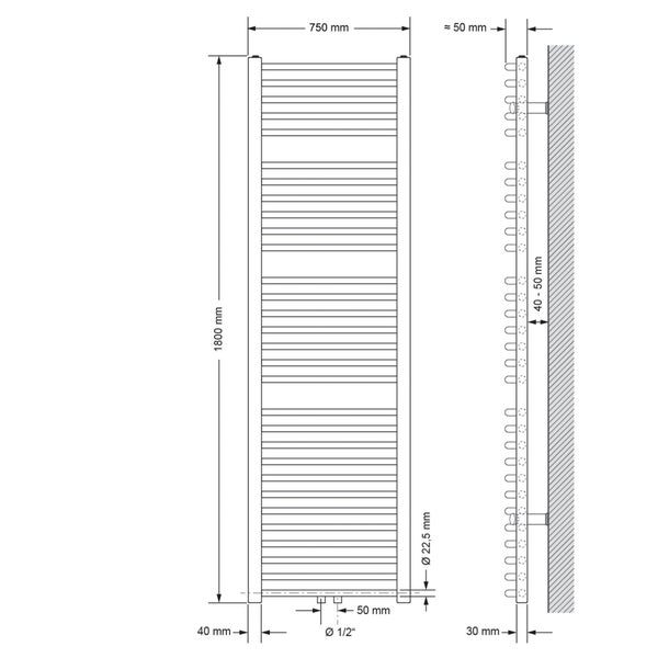 ECD Germany Badheizkörper - 750 x 1800 mm - Chrom - gebogen mit Mittelanschluss - Heizkörper Handtuchwärmer Handtuchtrockner