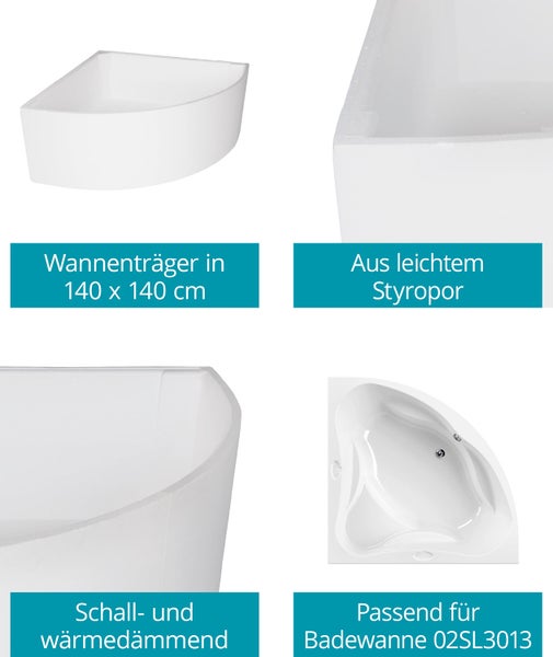 Calmwaters® Wannenträger 140 x 140 cm Original, Passend für Eck-Badewanne 140x140 cm, Styroporträger, Schall- und wärmedämmend, Direkt verfliesbar, Badewannenträger in Weiß, 03AX2458