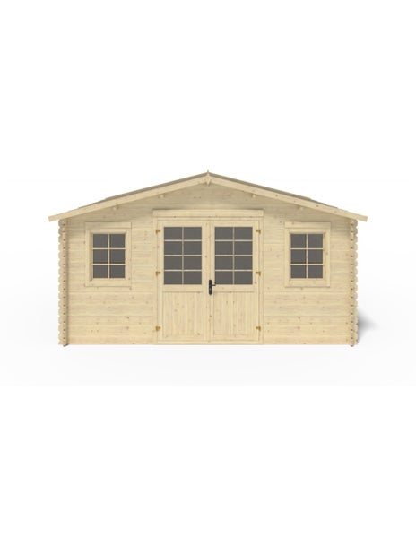 Gartenhaus aus Holz mit Satteldach, Doppeltür mit Glasausschnitten und zwei Sprossenfenstern in Blockbohlenbauweise.