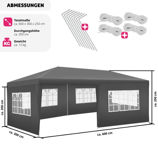 Pavillon tectake Vivara inklusive Spannseile und Heringe 6 x 3 m grau