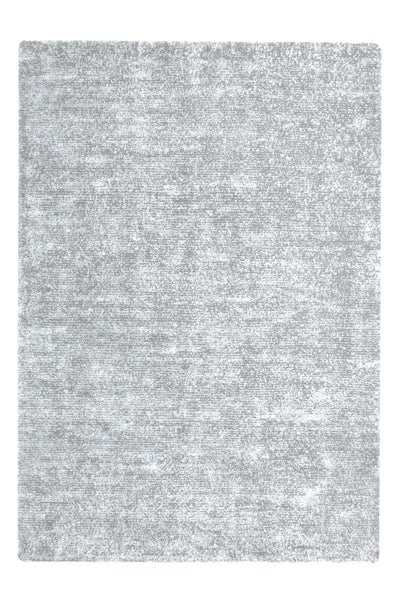 Rechteckiger Teppich in Hellgrau mit melierter Struktur.