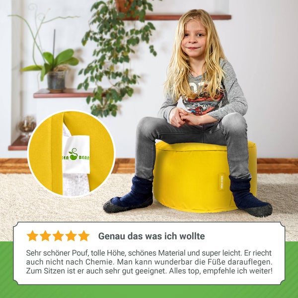 Green Bean Sitzsack-Hocker 45x25cm mit EPS-Perlen Füllung - Fußhocker Fußkissen Sitz-Pouf für Sitzsäcke - Bodenkissen für Kinder und Erwachsene - Fußablage Sitzkissen Sitzhocker Gelb