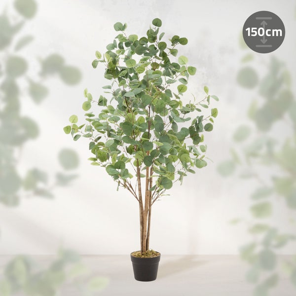 ML-Design Künstliche Eukalyptus 150 cm, Künstliche Pflanzen groß, Kunstpflanze mit Naturholzstamm, Fake Plastikpflanzen im Topf, Deko für Drinnen und Draußen, Kunstbaum wie echt für Wohnzimmer Büro