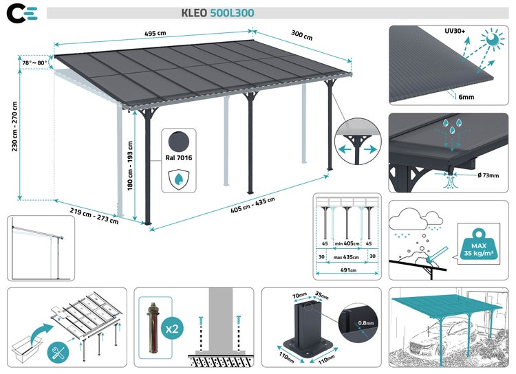 Terrassenüberdachung garten alu Grau KLEO - Höhe verstellbar 495x300x225/270 cm - mit Polycarbonat Dach Grau halbtransparent 6mm Auch Pergola/Carport