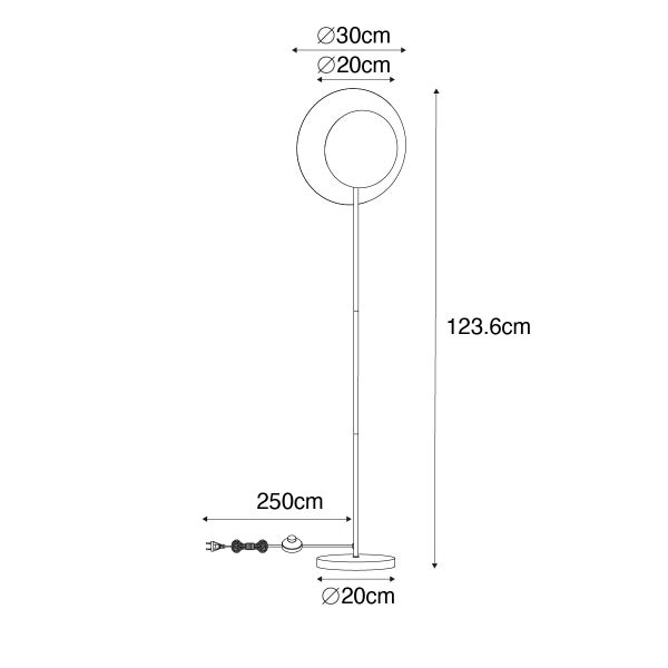Maße einer Stehlampe: Höhe 123,6 cm, Lampenschirm Durchmesser 30 cm und 20 cm, Fuß Durchmesser 20 cm, Kabellänge 250 cm