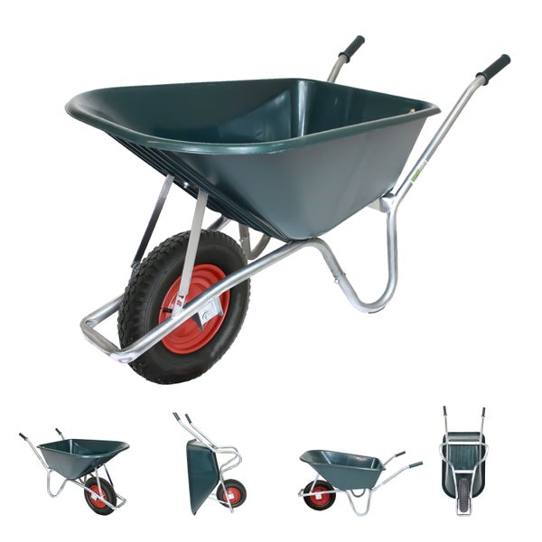 Grüne Schubkarre mit Kunststoffmulde, Metallgestell und Luftrad mit roter Felge in verschiedenen Ansichten.