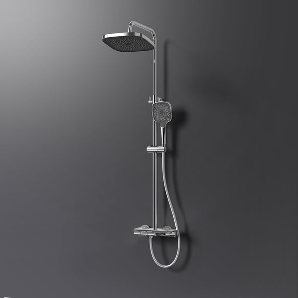 Duschsystem mit Regendusche, Handbrause und Thermostatarmatur aus verchromtem Metall.