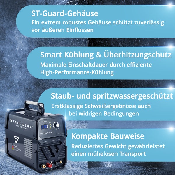 STAHLWERK CUT 70P IGBT Plasmaschneider mit ST-Guard-Gehäuse, intelligenter Kühlung, Überhitzungsschutz, Staub- und Spritzwasserschutz sowie kompakter Bauweise