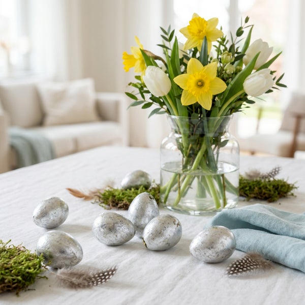 Osterdekoration auf einem Tisch mit einer Glasvase voller Narzissen und Tulpen sowie silbernen Ostereiern, Moos und Federn auf einem Leinentuch.