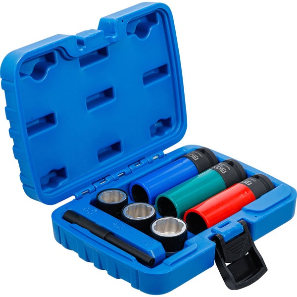 Schlagschrauber-Nusskasten mit Verlängerungen in einer blauen Kunststoffbox