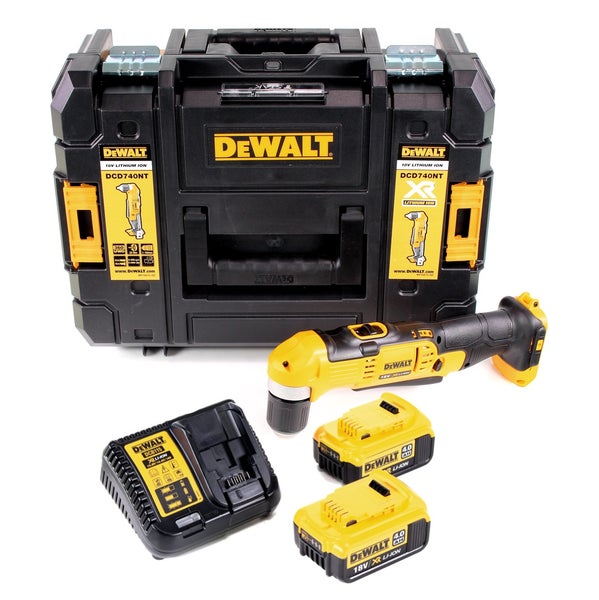 DeWalt 18 Volt Akku-Winkelbohrschrauber DCD740 in Gelb und Schwarz mit zwei 4,0 Amperestunden Akkus, Ladegerät und TSTAK Werkzeugkoffer.